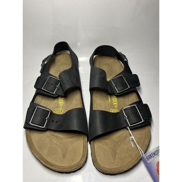VINTAGE ORIGINAL FOOTBED Birkenstock Milano BLACK OILED LEATHER Sandals SZ 42 - Picture 2 of 16